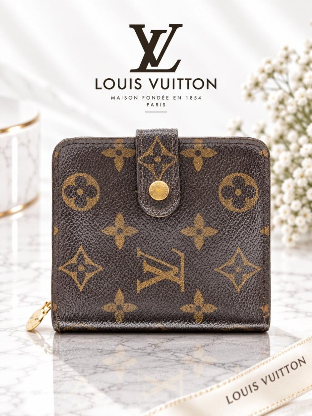 Authentic Louis Vuitton Monogram Canvas Compact Snap Zip Wallet Brown